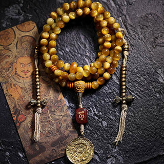 Buddha Gift 108 Mala Beads Natural Tiger Eye Copper Dorje Protection Tassel Bracelet