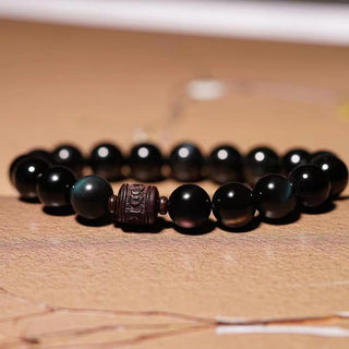 Buddha Gift Natural Gold Sheen Obsidian Rainbow Obsidian Om Mani Padme Hum Fu Character Healing Bracelet