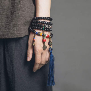 Buddha Gift 108 Beads Mala Ebony Wood Dzi Bead Copper Balance Tassel Bracelet