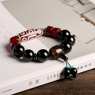 Buddha Gift Tibetan Nine-Eye Dzi Bead Black Onyx Wealth Protection Bracelet