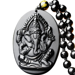 Buddha Gift Tibetan Obsidian Ganesh Ganpati Elephant Wealth Amulet Necklace