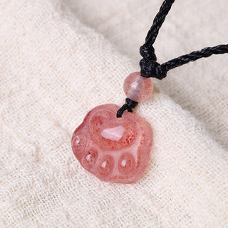 Buddha Gift Strawberry Quartz Lovely Cat Paw Claw Healing Necklace Pendant
