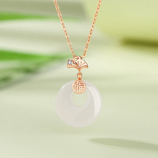 Buddha Gift 925 Sterling Silver Ginkgo Leaf Butterfly Rose Chalcedony Hetian Jade Peace Buckle Fu Character Harmony Necklace Pendant