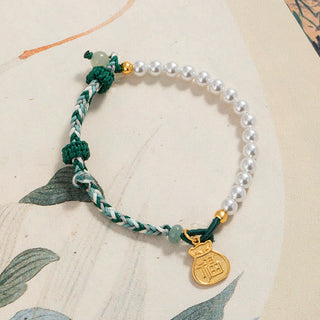 Buddha Gift 925 Sterling Silver Fu Character Lucky Bag Pearl Hetian Jade Wisdom Rope Bracelet