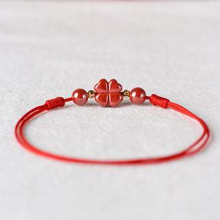 Buddha Gift Four Leaf Clover Cinnabar Blessing Calm String Bracelet Anklet
