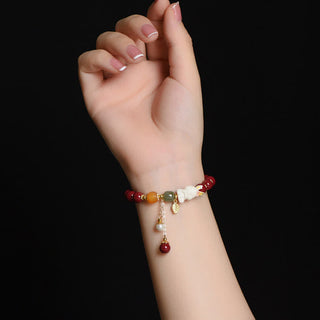 Buddha Gift Year of the Rabbit Cinnabar Hetian Jade Bunny Beaded Blessing Bracelet