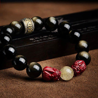 Buddha Gift Gold Sheen Obsidian PiXiu Cinnabar Om Mani Padme Hum Protection Bracelet