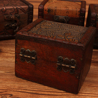 Buddha Gift Retro Small Square Wood Jewelry Box Lotus Grass Flower Grape Copper Coin Daffodil Jewelry Storage Box