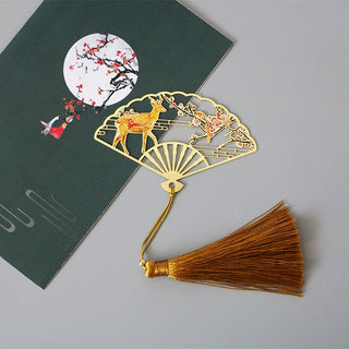Buddha Gift Traditional Butterfly Lotus Flower Crane Dragon Phoenix Fox Koi Fish New Beginning Metal Brass Hollow Fan Bookmarks