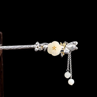 Buddha Gift 925 Sterling Silver Hetian White Jade Flower Blessing Hairpin