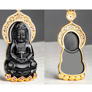 Buddha Gift 925 Sterling Silver Natural Black Jade Kwan Yin Avalokitesvara Wealth Necklace Pendant