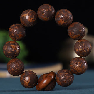 Buddha Gift Chinese Zodiac Rosewood Green Sandalwood Ebony Wood Copper Coin Carved Calm Bracelet