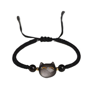 Buddha Gift Handmade Natural Silver Sheen Obsidian Strawberry Quartz Cute Cat Protection Braided Bracelet