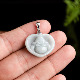 Buddha Gift 925 Sterling Silver Laughing Buddha White Jade Luck Blessing Necklace Pendant