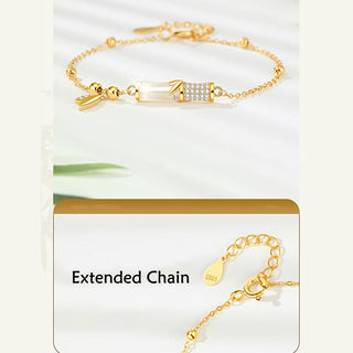 Buddha Gift 925 Sterling Silver 18K Gold Plated White Jade Bamboo Zircon Leaf Luck Bracelet