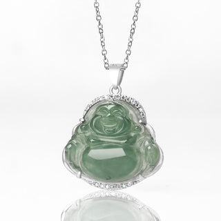Buddha Gift 925 Sterling Silver Laughing Buddha Natural Jade Luck Prosperity Necklace Chain Pendant