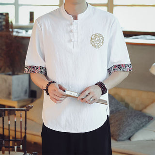 Buddha Gift Frog-Button Dragon Embroidery Chinese Tang Suit Short Sleeve Shirt Linen Men Clothing
