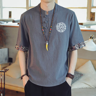 Buddha Gift Frog-Button Dragon Embroidery Chinese Tang Suit Short Sleeve Shirt Linen Men Clothing