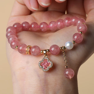 Buddha Gift Strawberry Quartz Pearl Four Leaf Clover Charm Healing Bracelet