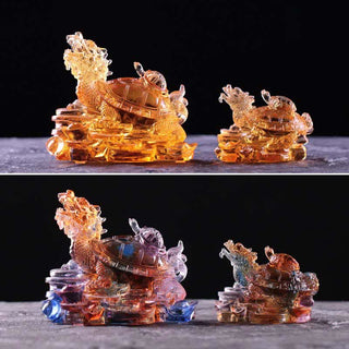 Buddha Gift Feng Shui Dragon Turtle Coins Handmade Liuli Crystal Luck Art Piece Home Office Decoration