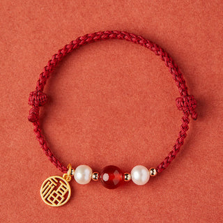 Buddha Gift 925 Sterling Silver Good Fortune Fu Character Agate Pearl Red String Braid Bracelet