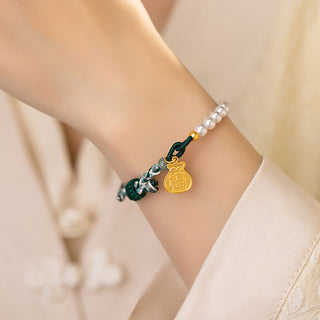 Buddha Gift 925 Sterling Silver Fu Character Lucky Bag Pearl Hetian Jade Wisdom Rope Bracelet