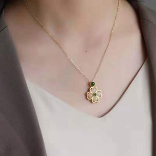 Buddha Gift 925 Sterling Silver Lucky Four Leaf Clover Jade Prosperity Necklace Chain Pendant