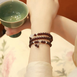 Buddha Gift 925 Sterling Silver Natural Garnet Cat Eye Protection Triple Wrap Bracelet