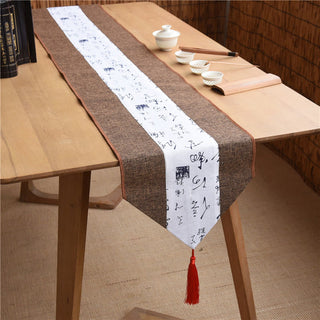 Buddha Gift Classic Chinese Style Lotus Koi Fish Flower Crane Calligraphy Enlightenment Cotton Linen Tassels Table Runner