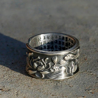 Buddha Gift 999 Sterling Silver Luck Koi Fish Lotus Heart Sutra Wealth Ring