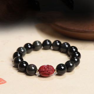 Buddha Gift Chinese Zodiac Natal Buddha Natural Black Obsidian Cinnabar Purification Bracelet