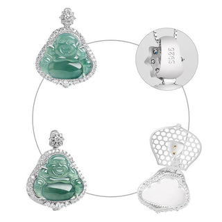 Buddha Gift 925 Sterling Silver Laughing Buddha Natural Jade Luck Abundance Chain Necklace Pendant
