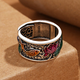 Buddha Gift Copper Blue Enamel Lotus Heart Sutra Koi Fish Luck Ring