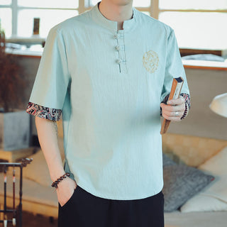 Buddha Gift Frog-Button Dragon Embroidery Chinese Tang Suit Short Sleeve Shirt Linen Men Clothing