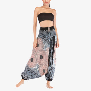 Buddha Gift Two Style Wear Round Geometric Pattern Loose Smocked Harem Trousers Jumpsuit High Waist Women's Yoga Pants