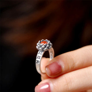 Buddha Gift925 Sterling Silver Lotus Red Agate Confidence Blessing Ring