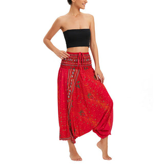 Buddha Gift Two Style Wear Peacock Feather Loose Smocked Harem Trousers Jumpsuit High Waist Pants