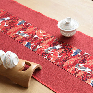 Buddha Gift Classic Chinese Style Lotus Koi Fish Flower Crane Calligraphy Enlightenment Cotton Linen Tassels Table Runner