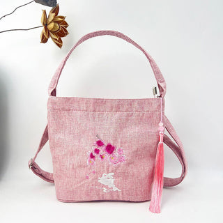 Buddha Gift Embroidery Wisteria Plum Lotus Cherry Blossom Cotton Linen Canvas Tote Crossbody Bag Shoulder Bag Handbag