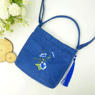 Buddha Gift Embroidery Wisteria Plum Lotus Cherry Blossom Cotton Linen Canvas Tote Crossbody Bag Shoulder Bag Handbag