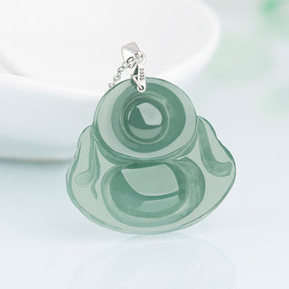 Buddha Gift 925 Sterling Silver Laughing Buddha Jade Protection Calm Necklace Chain Pendant