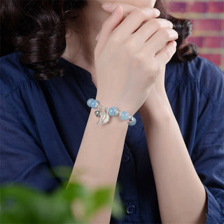 Buddha Gift 925 Sterling Silver Natural Aquamarine Serenity Flower Love Key Charm Bracelet