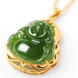 Buddha Gift 925 Sterling Silver Natural Hetian Cyan Jade Laughing Buddha 18K Gold Healing Necklace Chain Pendant