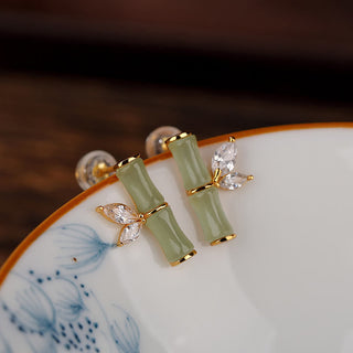 Buddha Gift 925 Sterling Silver Hetian Cyan Jade White Jade Red Agate Bamboo Pattern Luck Stud Earrings