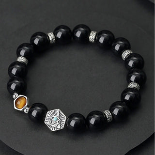 Buddha Gift 925 Sterling Silver Black Obsidian Tiger Eye Eye of Providence Purification Bracelet