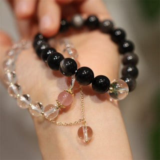 Buddha Gift Natural Silver Sheen Obsidian Pink Crystal White Crystal Protection Yin Yang Color Couple Bracelet