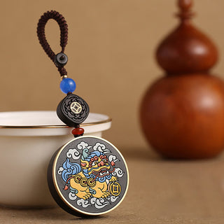 Buddha Gift PiXiu Copper Coin Ebony Wood Luck Attract Wealth Key Chain Decoration