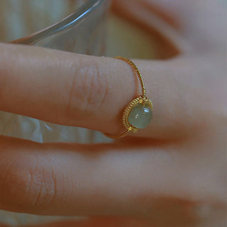 Buddha Gift 14K Gold Plated Round Jade Luck Prosperity Adjustable Ring