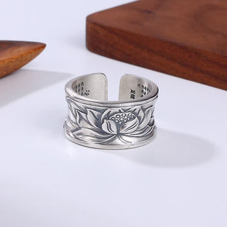 Buddha Gift 999 Sterling Silver Lotus Flower Heart Sutra Protection Ring