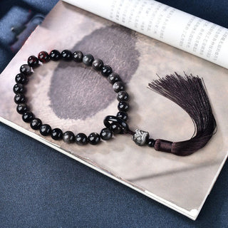 Buddha Gift Natural Silver Sheen Obsidian Lion Wrist Mala Protection Tassels Pocket Mala Car Decoration